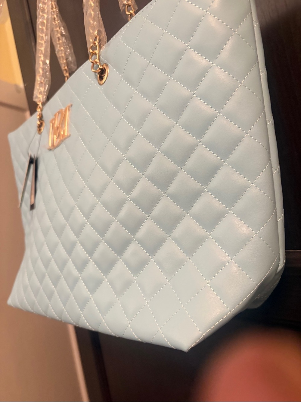 Badgley Mischka Light Blue Quilted Vegan Leather Gold Chain Tote NWT - Picture 6 of 12
